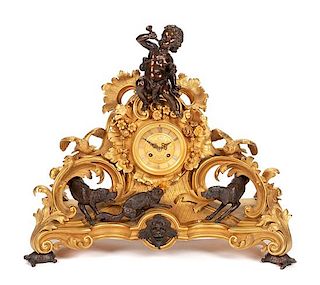 A Napoleon III Gilt and Patinated Bronze Mantel Clock Height 19 x width 22 inches.