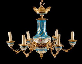 A Gilt Bronze Mounted Sevres Style Porcelain Six-Light Chandelier Height 17 x diameter 21 inches.
