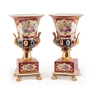 A Pair of Sevres Style Porcelain Urns Height 18 inches.