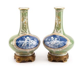 A Pair of French Gilt Bronze Mounted Pate-Sur-Pate Porcelain Vases Height overall 13 1/2 inches.