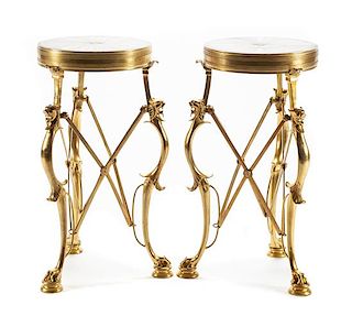 A Pair of French Neoclassical Style Gilt Bronze and Specimen Marble Gueridons Height 27 x diameter of top 15 inches.