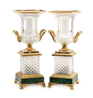 A Pair of French Gilt Bronze Mounted Cut Glass and Malachite Urns Height 20 1/2 inches.