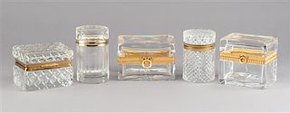 Five French Gilt Bronze Mounted Cut Glass Boxes Width of widest 5 inches.