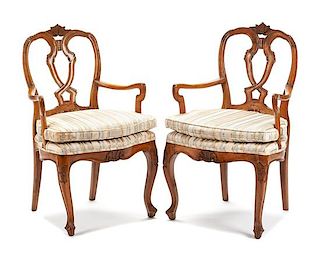 A Pair of Italian Fruitwood Armchairs Height 36 inches.