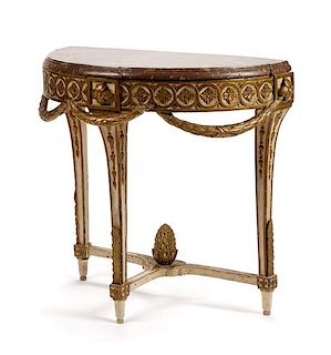 An Italian Neoclassical Painted and Parcel Gilt Console Table Height 32 x width 34 x depth 17 1/2 inches.