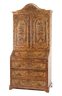 A Venetian Polychrome Painted Secretary Bookcase Height 90 x width 41 x depth 21 inches.