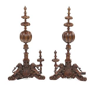 A Pair of Baroque Style Bronze Chenets Height 37 inches.