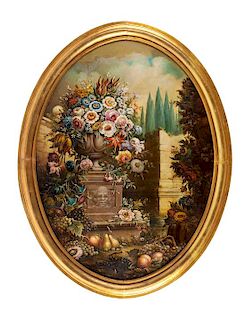 Continental School, (First Quarter 20th Century), Flower-Filled Urns in Garden Settings (two works)