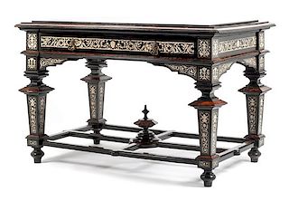 An Italian Inlaid and Tortoise Shell Mounted Ebonized Table Height 33 x width 51 1/2 x depth 32 inches.