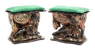 A Pair of Venetian Polychromed Figural Benches Height 21 x width 23 x depth 13 1/2 inches.