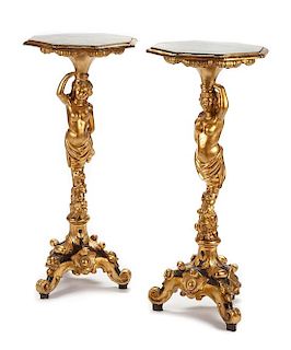 A Pair of Venetian Giltwood Pedestal Tables Height 37 x width of top 16 1/2 inches.