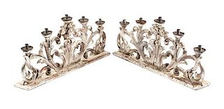A Pair of Italian Silvered Wood Five-Light Candelabra Width 33 inches.
