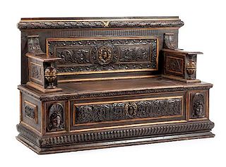 An Italian Carved and Parcel Gilt Hall Bench Height 41 1/2 x width 65 x depth 24 inches.