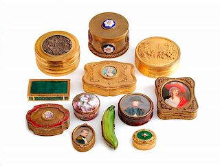 A Collection of Continental Trinket Boxes Largest: height 2 1/2 x diameter 4 inches.