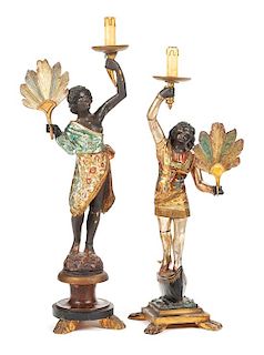 Two Venetian Polychromed Figural Candlesticks Height of taller 32 inches.