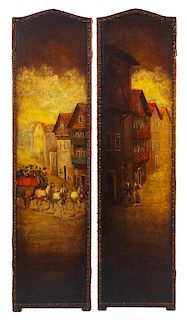 A Pair of Painted Leather Panels Height 68 1/4 x width 18 inches.