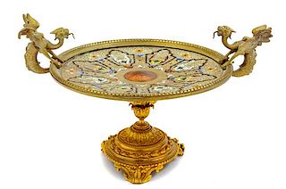 * A Continental Gilt Bronze and Champleve Tazza Height 7 3/4 x width 13 1/8 inches.