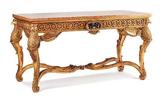An Italian Giltwood Console Table Height 34 1/4 x width 63 7/8 x depth 30 1/2 inches.