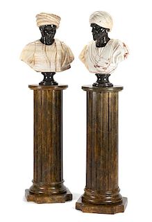 A Pair of Italian Marble Busts Height of busts 28 1/2 inches; height of pedestals 44 1/4 inches.