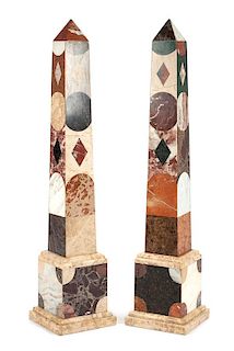 A Pair of Large Italian Grand Tour Style Specimen Marble Obelisks Height 51 3/4 inches.