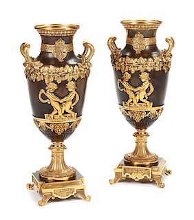 A Pair of Continental Gilt and Patinated Bronze Vases Height 20 1/4 inches.