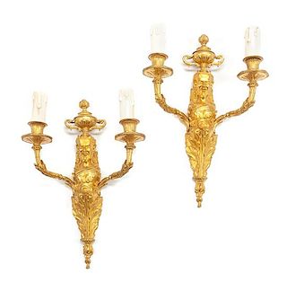 A Pair of Neoclassical Gilt Bronze Two-Light Figural Sconces Height 16 1/2 inches.
