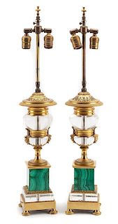 A Pair of Continental Gilt Bronze Mounted Rock Crystal and Malachite Lamp Bases Height of taller example 27 1/4 inches.