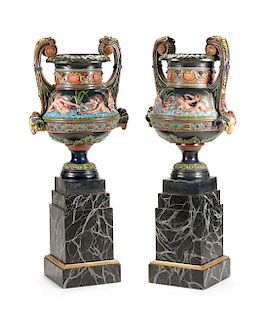 A Pair of Neoclassical Polychrome Decorated Bronze Urns Height overall 58 1/2 inches.