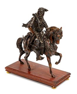 A Continental Bronze Equestrian Figural Group Height 25 x width 21 x depth 10 inches.