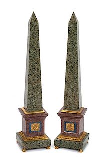 A Pair of Grand Tour Style Bronze Mounted Hardstone Obelisks Height 33 1/2 inches.