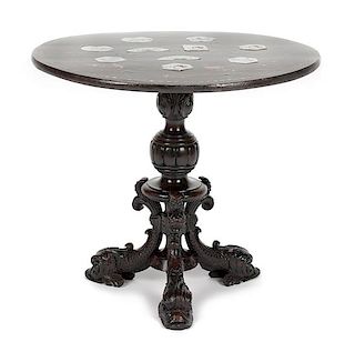 A Continental Porcelain Mounted Painted Table Height 26 1/2 x diameter of top 28 inches.