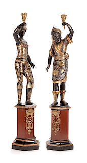A Pair of Venetian Painted and Parcel Gilt Figural Torcheres Height 81 1/2 inches.