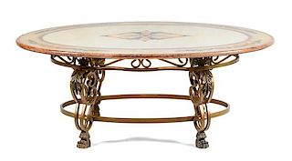 An Italian Specimen Marble, Onyx and Wrought Iron Low Table Height 22 x width 58 x depth 43 inches.