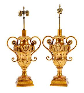 A Pair of Italian Neoclassical Style Carved Giltwood Urns Height 21 1/2 inches.