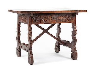 A Spanish Baroque Walnut Work Table Height 32 x width 43 x depth 28 1/2 inches.