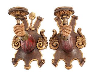 A Pair of Spanish Carved and Polychromed Single-Light Sconces Height 20 x width 11 x depth 18 inches.