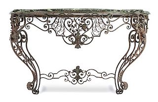 A Spanish Rococo Style Wrought Iron Console Table Height 41 x width 70 1/2 x depth 19 3/4 inches.