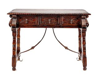 A Spanish Renaissance Revival Iron Mounted Walnut Trestle Table Height 36 x width 50 x depth 26 inches.