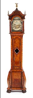 A Diminutive Dutch Marquetry Tall Case Clock Height 77 1/2 x width 18 x depth 11 inches.