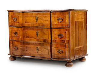 A German Parquetry Chest of Drawers Height 33 3/4 x width 47 x depth 25 1/4 inches.