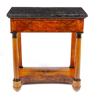 * A Biedermeier Mahogany Console Table and Pier Mirror Height 35 1/8 x width 32 x depth 16 3/4 inches.