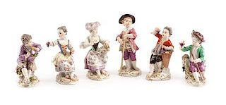 Six Meissen Porcelain Figures Height of tallest 5 3/4 inches.
