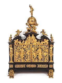 A Continental Gilt Bronze Mounted Porphyry and Lapis Lazuli Inlaid Ebonized Table Cabinet Height 25 1/4 x width 16 1/2 inches.