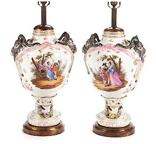 A Pair of Dresden Porcelain Urns Height of porcelain 20 inches.