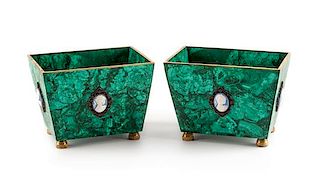 A Pair of Russian Jasperware Mounted Malachite Jardinieres Height 6 3/4 x width 9 1/4 inches.