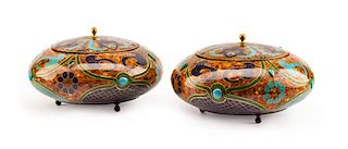 A Pair of Russian or Baltic Lapis, Turquoise, Amber and Malachite Inlaid Wood Bowls Height 7 1/8 x diameter 12 inches.