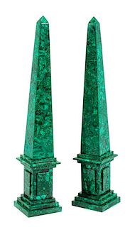 A Pair of Russian Malachite Obelisks Height 31 inches.
