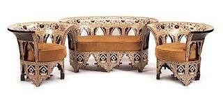 A Continental Mother-of-Pearl Inlaid Salon Suite Height of sofa 26 x width 51 x depth 27 inches.