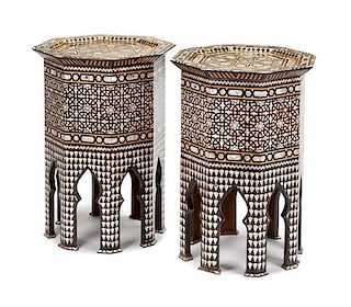 A Pair of Moorish Mother-of-Pearl Inlaid Side Tables Height 23 1/2 x width 16 1/4 x depth 16 1/4 inches.