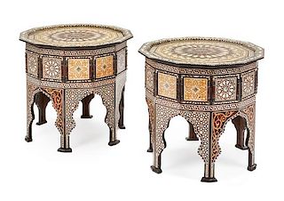A Pair of Moorish Mother-of-Pearl Inlaid Side Tables Height 21 x width 23 3/4 inches.